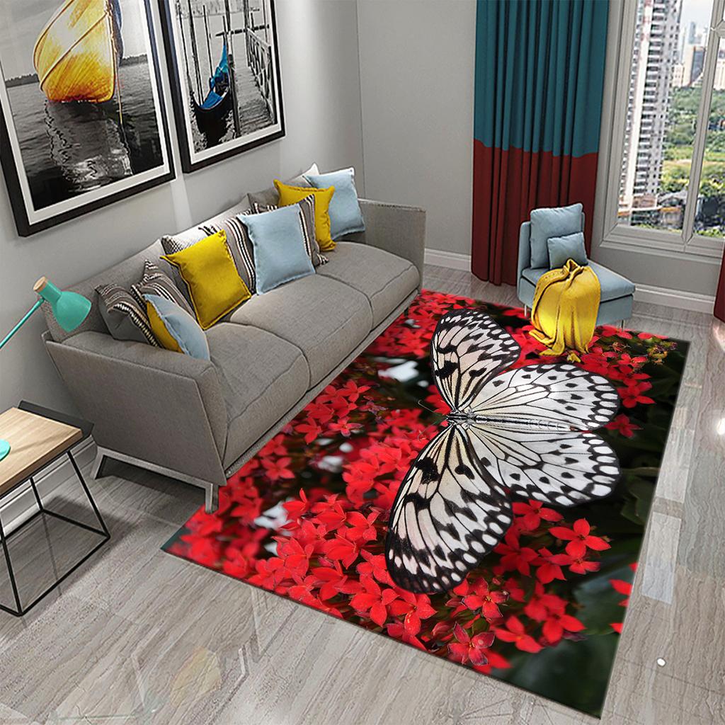 3D Bunter Schmetterling Blume Teppich Teppich für Wohnzimmer Schlafzimmer Sofa Küche Badezimmer Fußmatte Rutschfeste Bodenmatte Geschenk Heimdeko