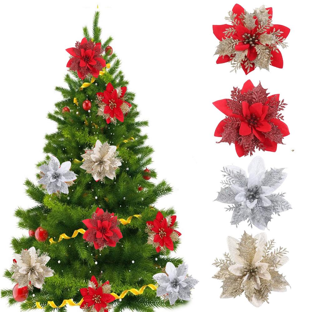5pcs Glitter Pink Christmas Flowers Xmas Tree 14cm Artifical Flower Ornaments 2025 Merry Christmas Decoration For Home New Year