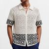 Camisa de Malha Masculina de Manga Curta Camisa Casual de Botão Camisas Vintage de Tricô para Golfe Praia com Colarinho Tops Crochê Vazado Top de Férias de Verão para Homem