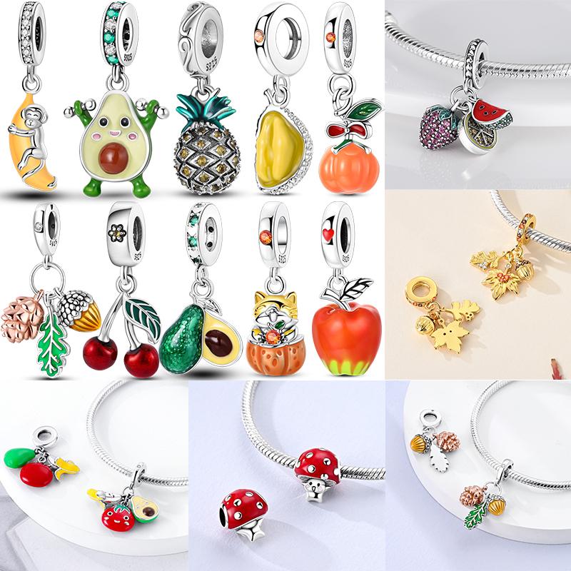 925 Silver Fruit Series Charms Strawberry Cherry Avocado Lemon Beads Fit DIY Bracelet Women Jewelry Girl