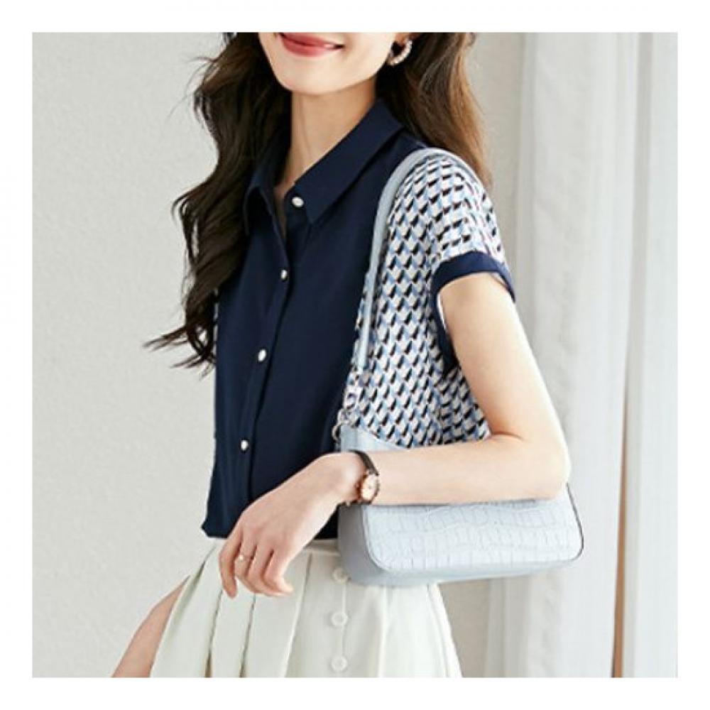 Navava Women Vintage Pattern Collar Cap Sleeve Shirt Nb1476