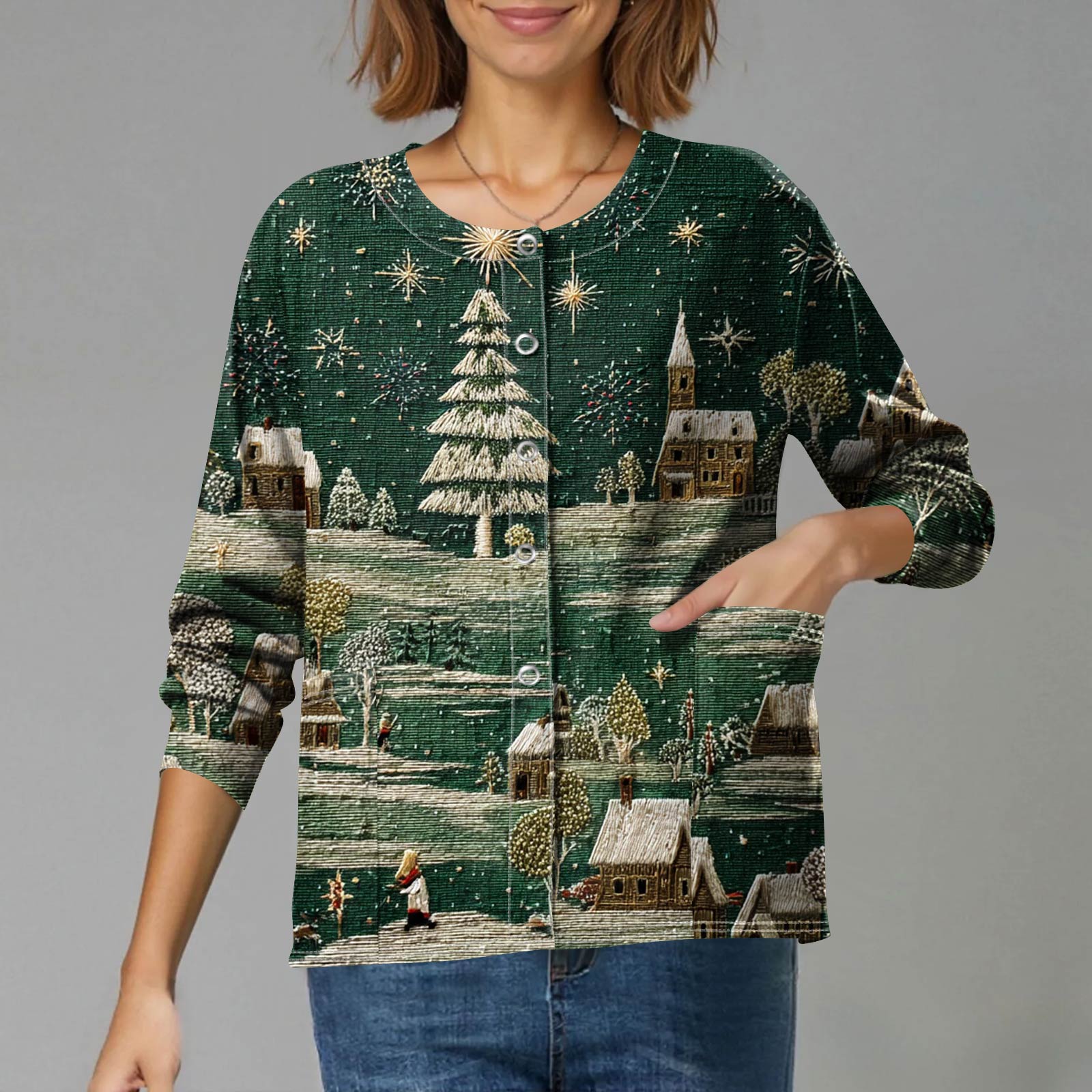 

Женский повседневный кардиган на одной пуговице с длинным рукавом и принтом на рождественскую тематику L армия зеленый