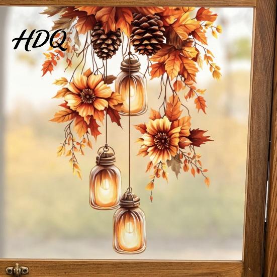Reusable Window Stickers Fall Thanksgiving Static Clings Autumn Pumpkin Maple Leaf Floral Glass Decals Decals Removable Harvest Season for Home Shop