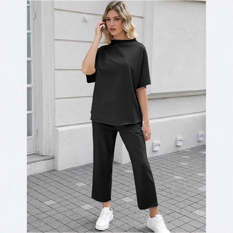 2025 Euro-American Spring/Summer Solid Color Two-Piece: Versatile Wide-Leg Pants & Top Set