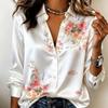 Dames Satin Witte Basis Fris Aquarel Bloemenprint Blouse Lange Mouwen Kraag Knopen Blouse Elegant Kantoor Casual Dames Meerkleurig Top