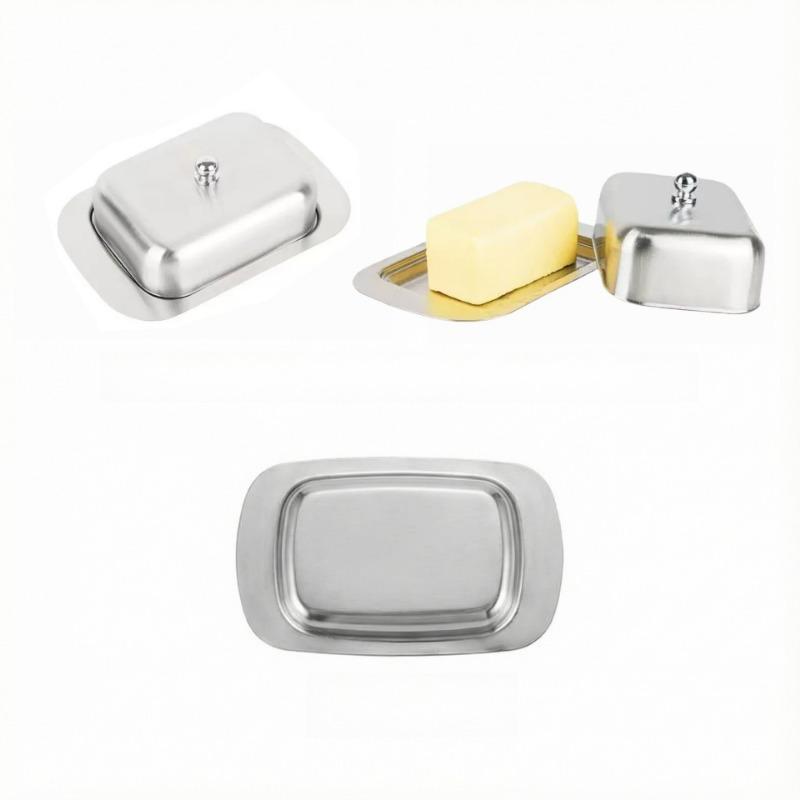 1SET Stainless Steel Butter Box with Lid, Rectangular Butter Box, Cheese Box, Pastry Tray, Bread Box, Snack Storage Plate
