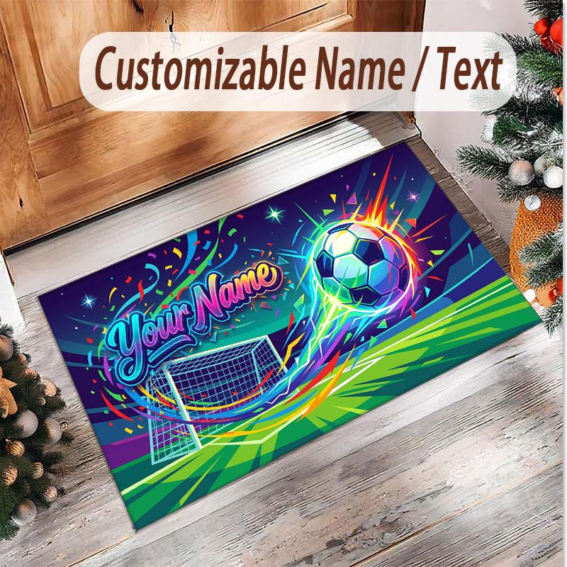 Soccer Theme Soft Crystal Velvet Rug Custom Name & Text Print Non Slip Floor Rug for Bedroom Living Room