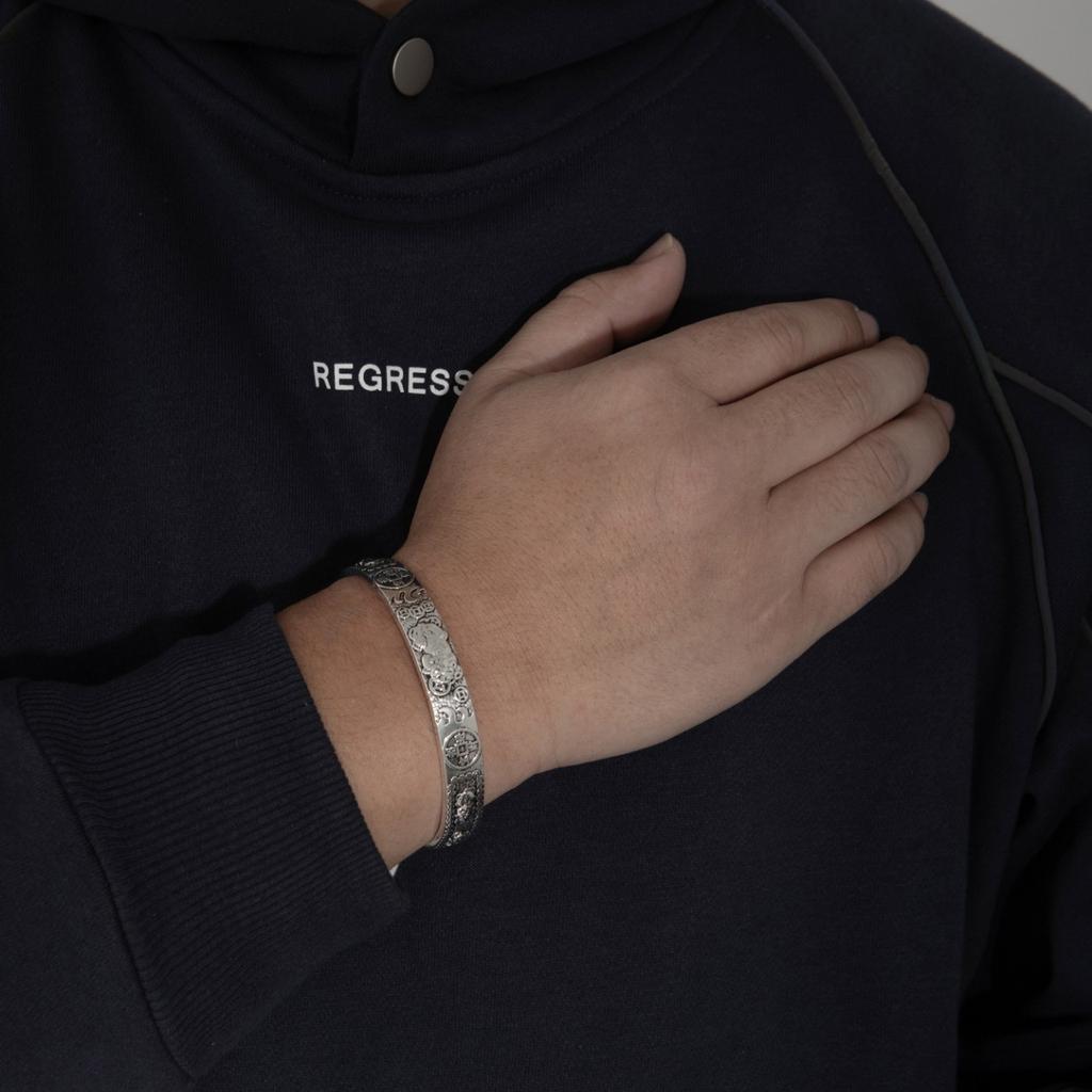 Open Bracelet Men'S And Women'S Metal Ancient Silver Bracelet Retro Simple Auspicious Lucky Lucky Jewelry