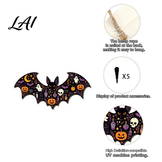 Decorative Entryway Key Hanger Halloween Bat Shaped Wooden Hook 2D Wall Mounted Hanging Decor with Holder for Pumpkin Ghost Witch Pattern,