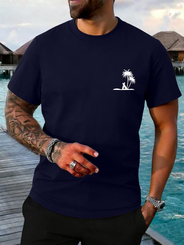 Chest Surf Palm Island Tiny Print Unisexs Crew Neck Short Sleeve Beach Vacation Casual Basic Summer Soft Daily Comfort Tee Shirt