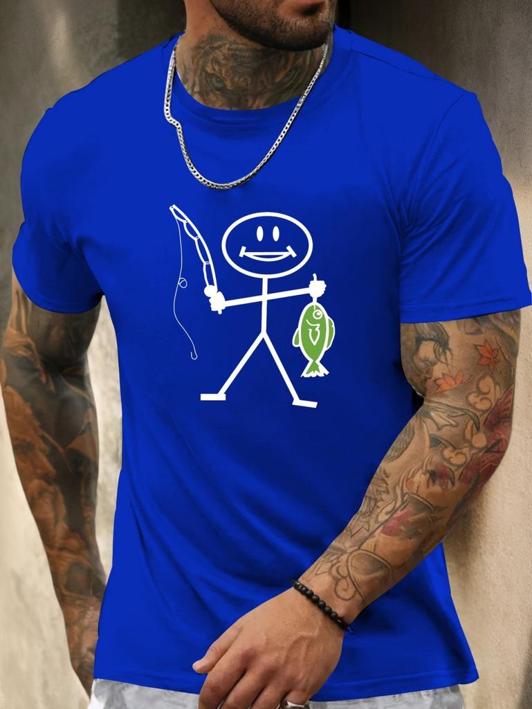 Summer Men's Round Neck Short Sleeve T-Shirt Cartoon Sketches Print Fashion Street Versatile Quick Drying Daily Mens Clothing