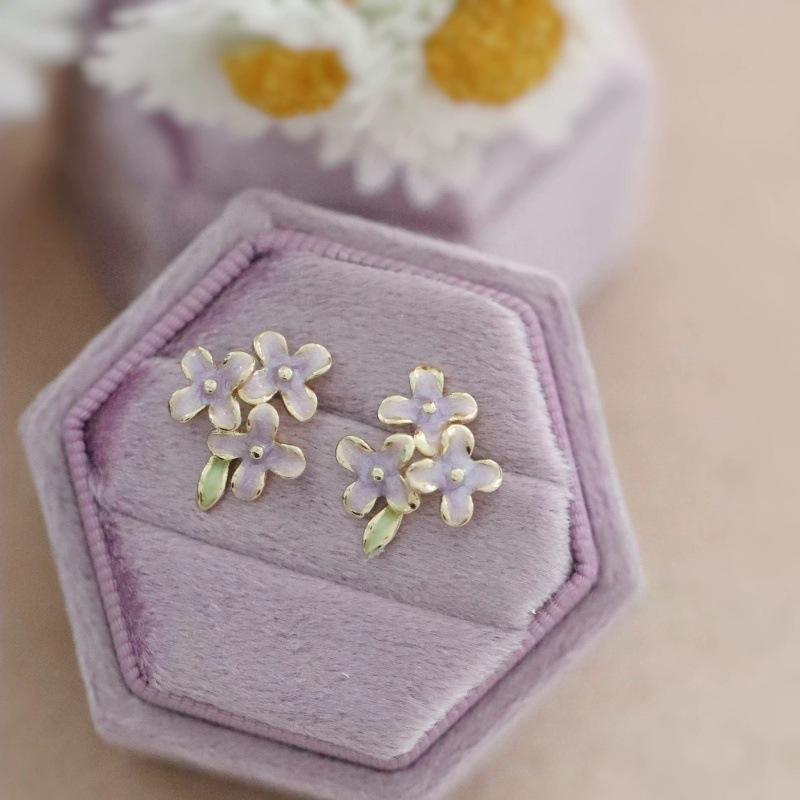 Summer sweet purple enamel flower fairy earrings Mori art raw earrings women s small delicate ear jewelry