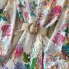 Elegant Linen Floral Holiday Robe Dress Women Spring Summer Stand Long Lantern Sleeve Sashes Vestidos Floral Print Clothes