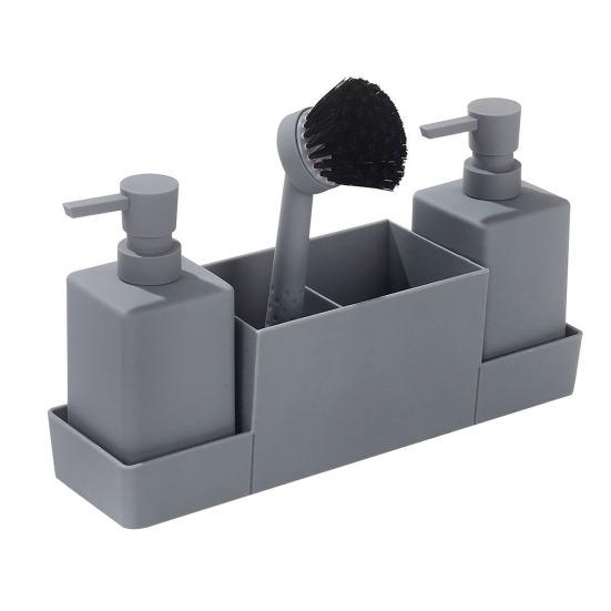 Multifunktionales Badezimmer-Organizer-Tablett mit 2 Seifenspendern, Reinigungsbürste, Küchenarbeitsplatte, Spülmittelflaschen-Schwammhalter-Ständer