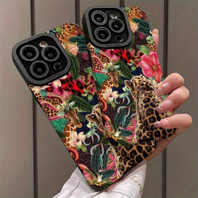 Leopard and tropical floral pattern phone case suitable for iPhone 17 16 15 14 13 12 11 Pro/Max/Plus anti drop and shockproof