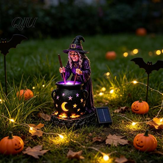 Dark Atmosphere Night Light Solar Witch Statue with Glowing Cauldron, Outdoor Halloween Garden Light, Party Decorations Resin Decorative Figurine for