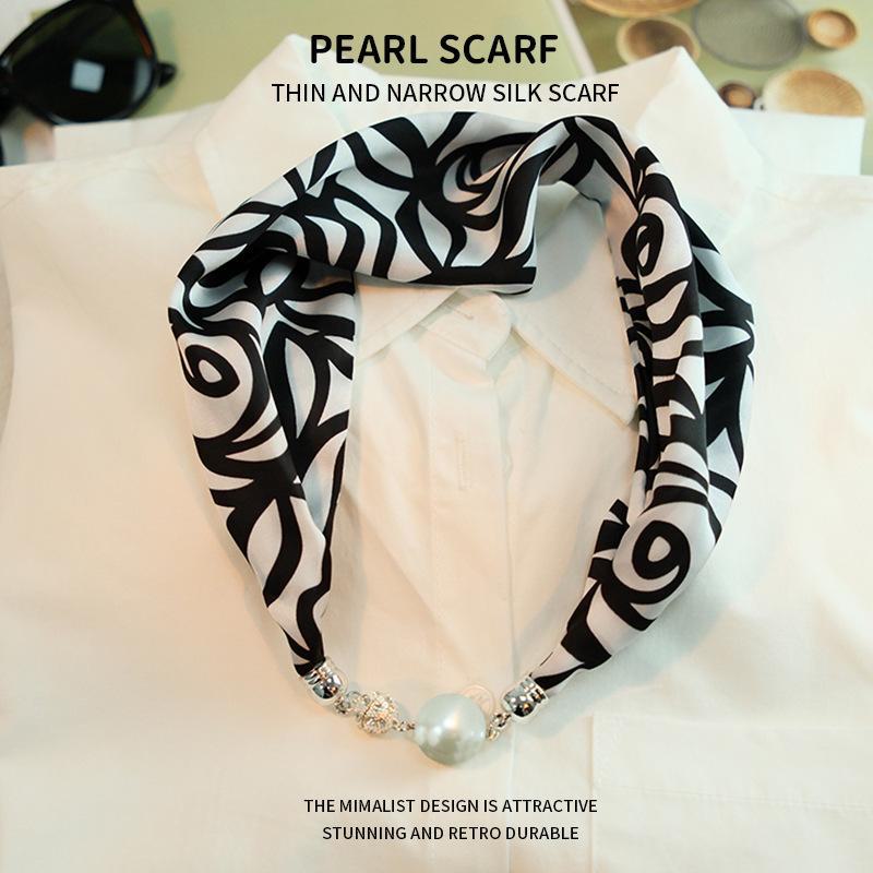 Elegant Silk Scarf with Magnetic Buckle and Pearl Necklace - Stylish Clavicle Chain for Women
