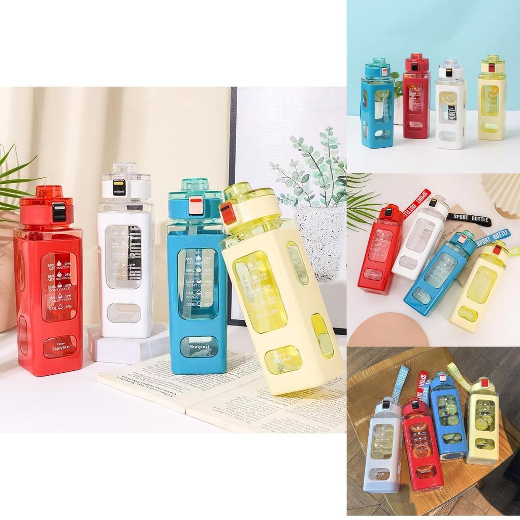 Square Plastic Water Bottle With Handle, Modern Simple Style, Portable Sports Bottle With Straw, 700ml