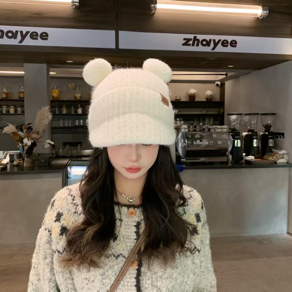 Autumn and winter new cute bear round ears wool hat women's headband hat showing a small face warm ear protection knitted hat