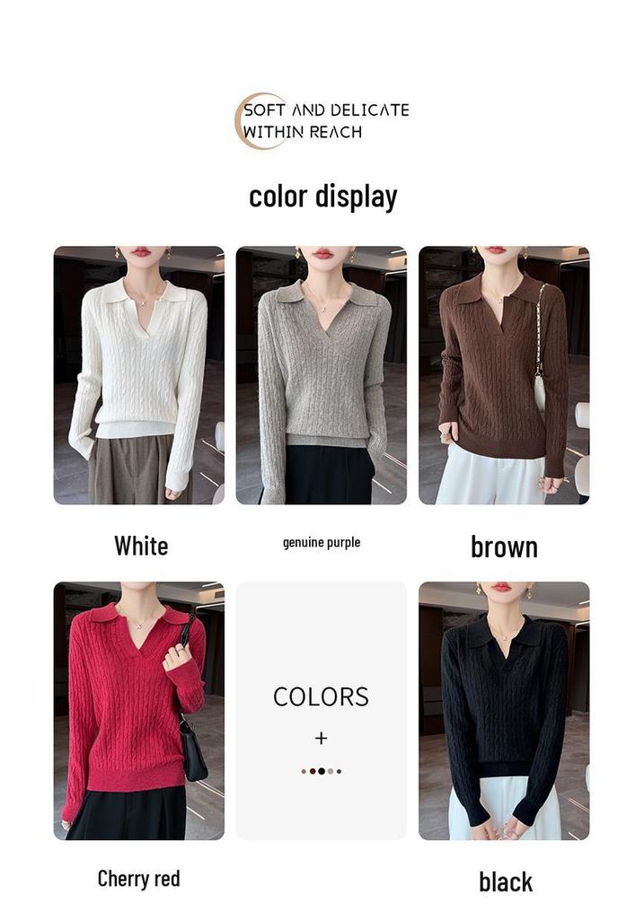 Women's Slim Fit French Polo Collar Long Sleeve Silk-Cotton Knitted Sweater.