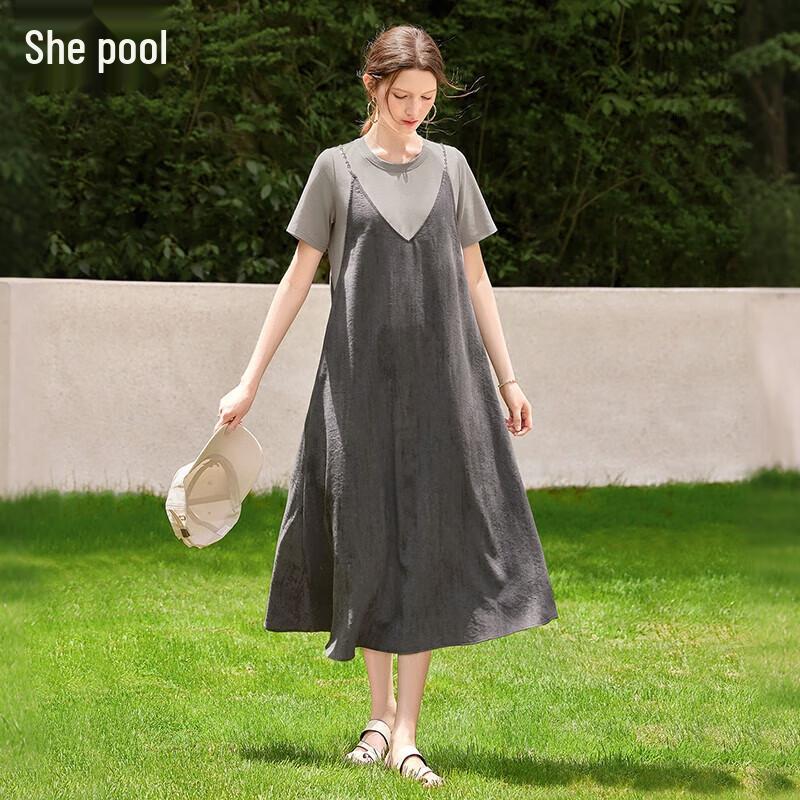 Women s Fake Two-Piece Spliced A-Line Midi Dress XL