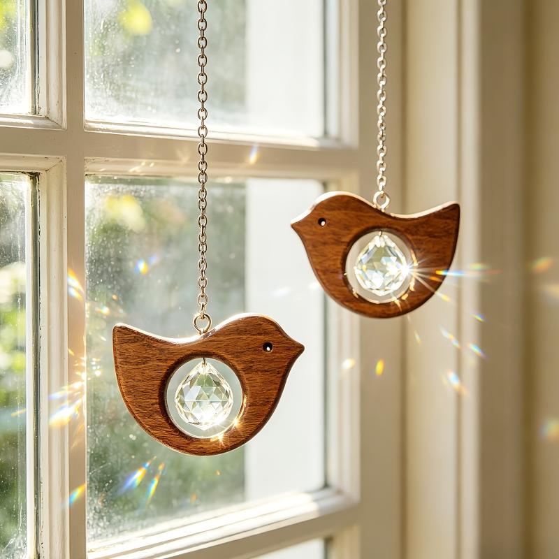 1/3Pcs Rustic Wooden Bird Sun Catcher Prism Rainbow Window Hanging Suncatcher For Garden Home Decor Bird Lover Gift