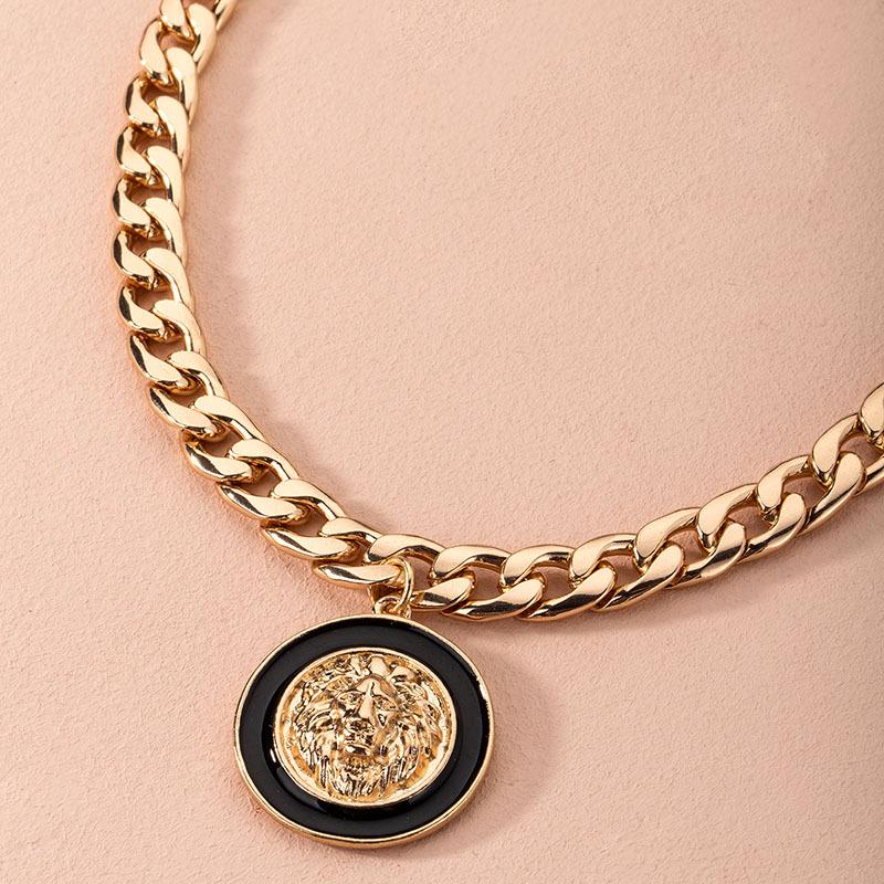 European & American Stylish Lion Head Enamel Necklace & Earrings Set for Women