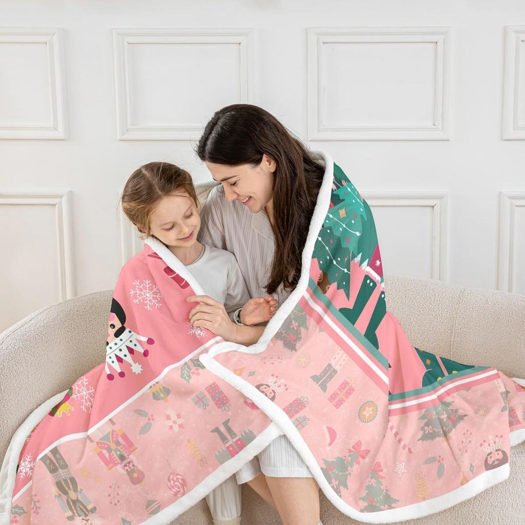 Pink Nutcracker Sherpa Throw Blanket for Couch Christmas Super Soft Cozy Fleece Xmas Cute Cartoon Blanket for Winter,Plush Throw