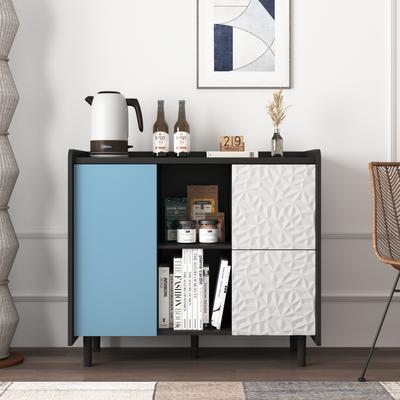 Sideboard Buffet Cabinet, Black with Blue Doors, 2 Drawers with Unique Panel, 2 Open Storage Compartments, Coffee Bar, Accent for Kitchen, Dining Room
