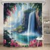 ropical Waterfall Shower Curtain: Hibiscus flowers, greenery, cliffs", polyester, machine washable, 12 hooks, serene design.