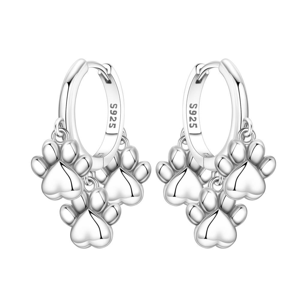 Original 925 Silver Zircon Pink Paw Print Earrings Heart Flower Leaf Design Women Party Jewelry Gift Ear Loops