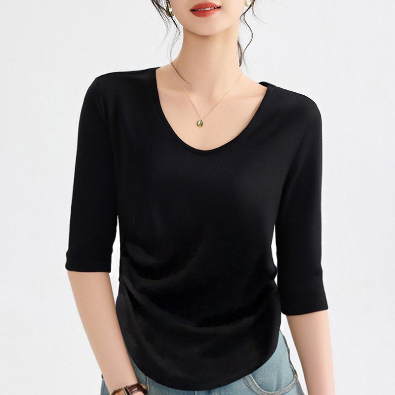 Ankela heart-neck top women's five-quarter sleeve light ripe spring and autumn waist pinch pleated basic bottoming shirt short
