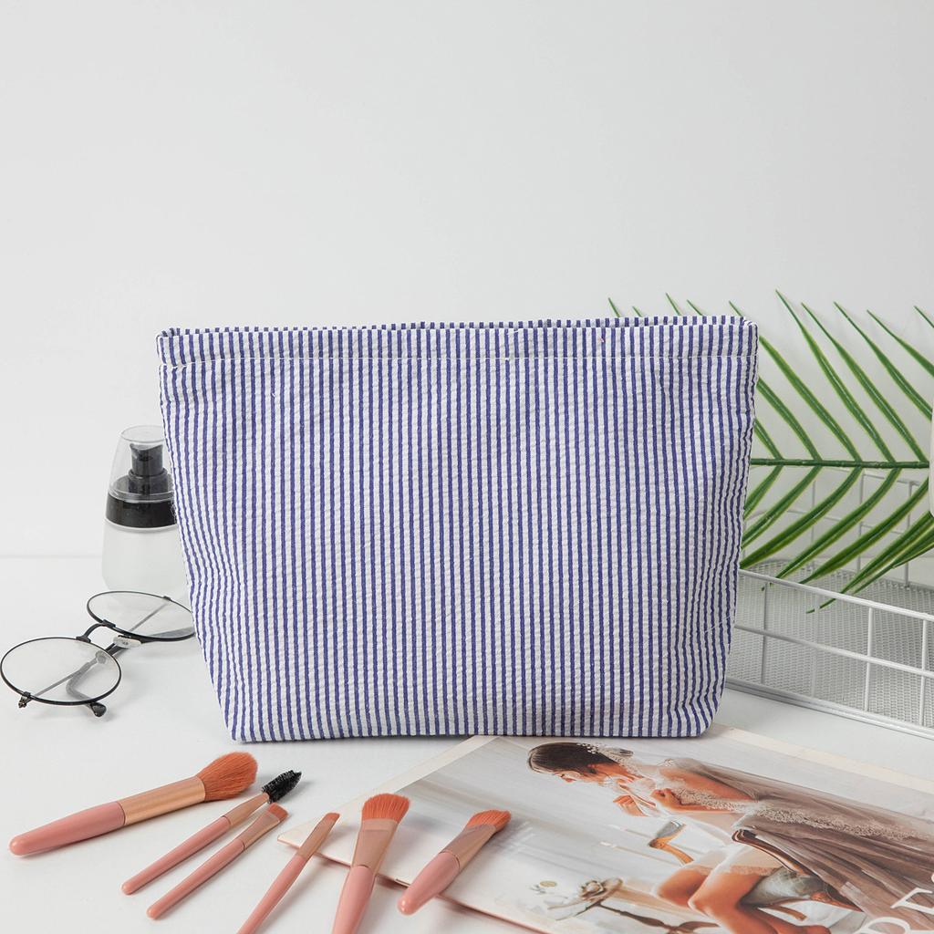 Bubble Gauze Makeup Bag Women Handbag Large Capacity Cosmetic Bag Toiletry Bag Embroidered Striped Makeup Pouch Travel Organizer
