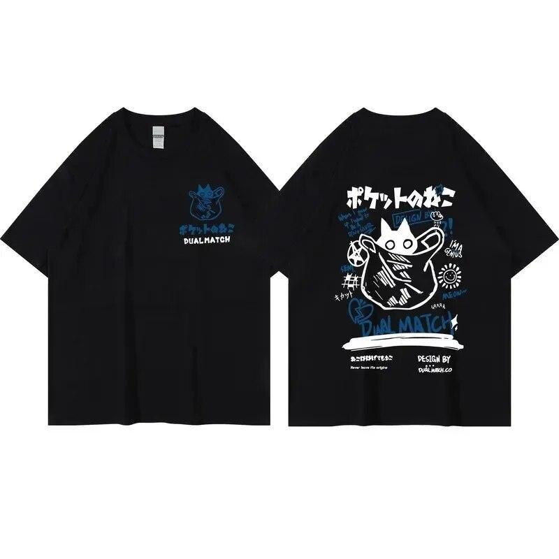 Unisex Women Cotton T-Shirt Japanese Kanji Funny Cat Printed T Shirt Harajuku Casual Short Sleeve Tshirt Streetwear Trend Tee Tops