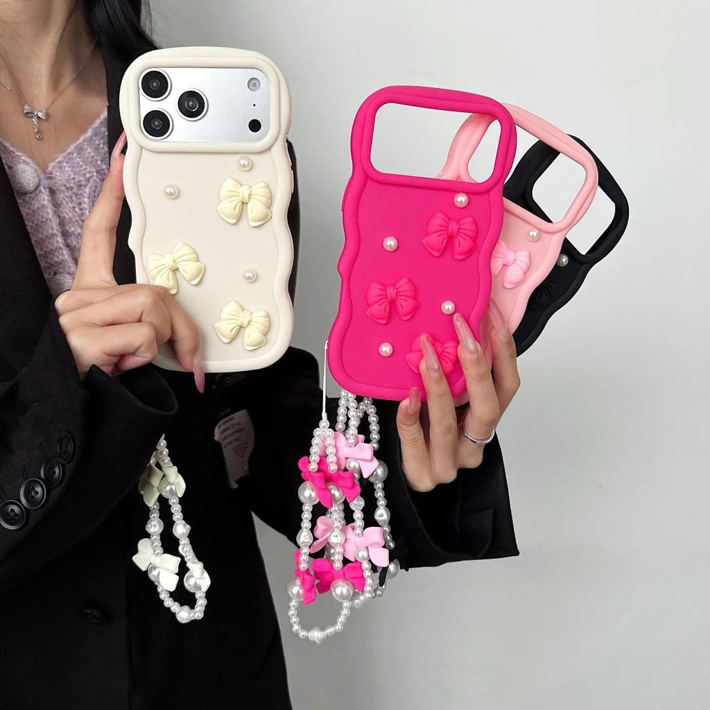 3D Bowknot Pearl Silicone Phone Case For iPhone 17 Air 16 15 14 13 12 11 Pro X XS XR Max 7 8 Plus With Lanyard Soft Cover