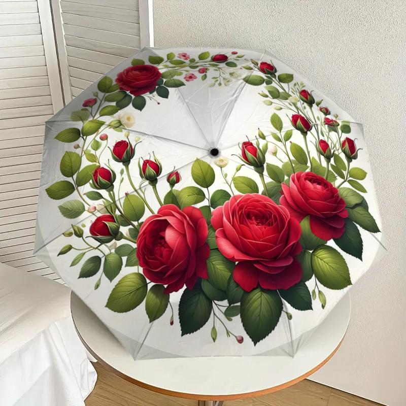 

1pc Floral Wreath with Red Roses Umbrella with Plastic Handle,Suitable for All Seasons Home Travel Outdoor UmbrellaDD1272