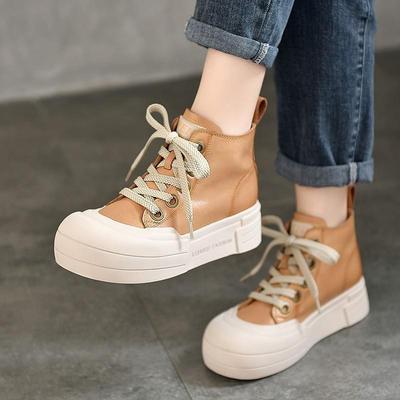 Genuine Leather Flat Platform Shoes Casual Round Toe Thick Soled Shoes Versatile Lace Up Short Boots