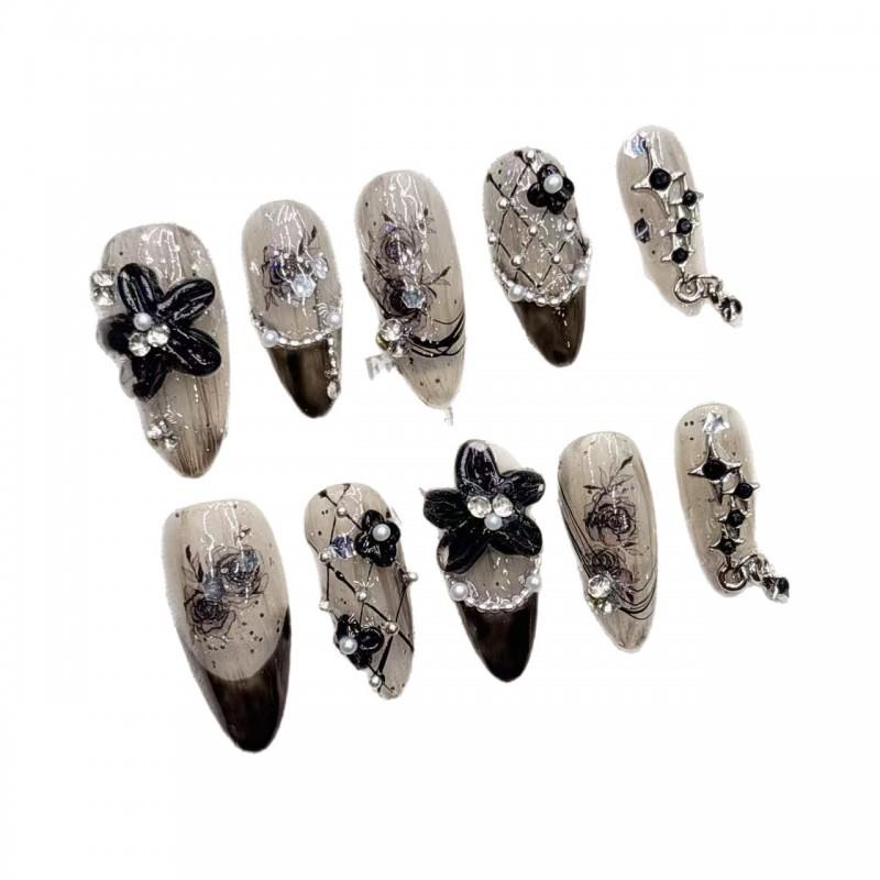 Handcrafted Short Press-On Nails With Dark Floral 3D Embossed Design Women Girls Natural-Looking False In M/S/XS