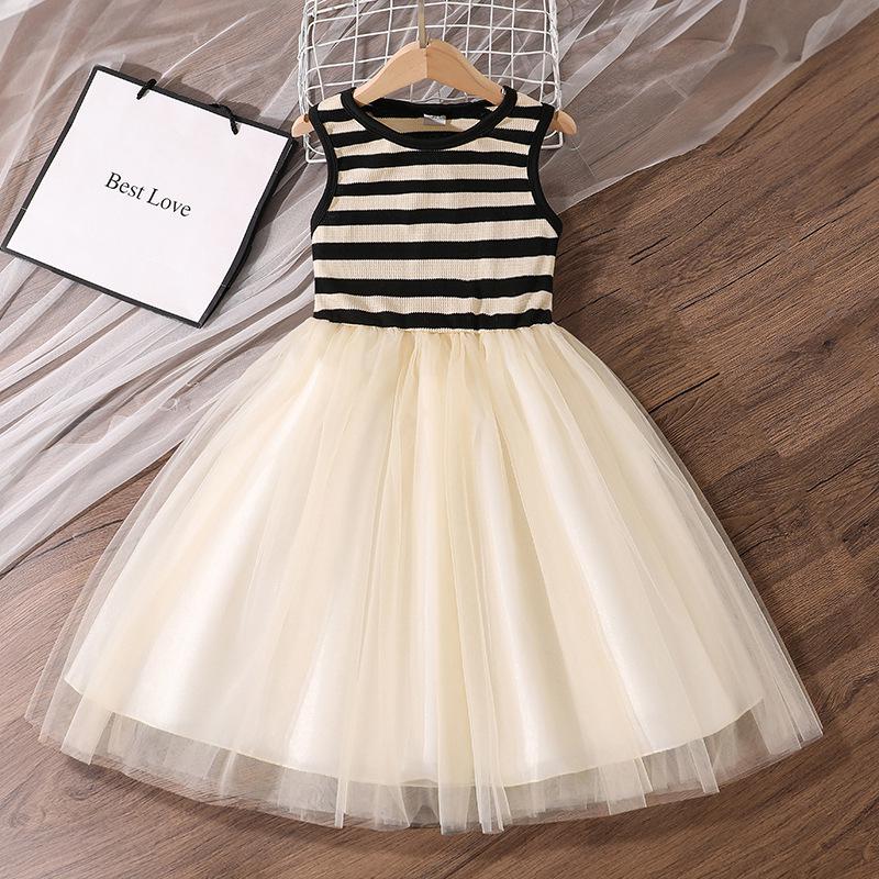 

Girls Summer Princess Dress: Black & White Striped Mesh Sleeveless 160cm чорний