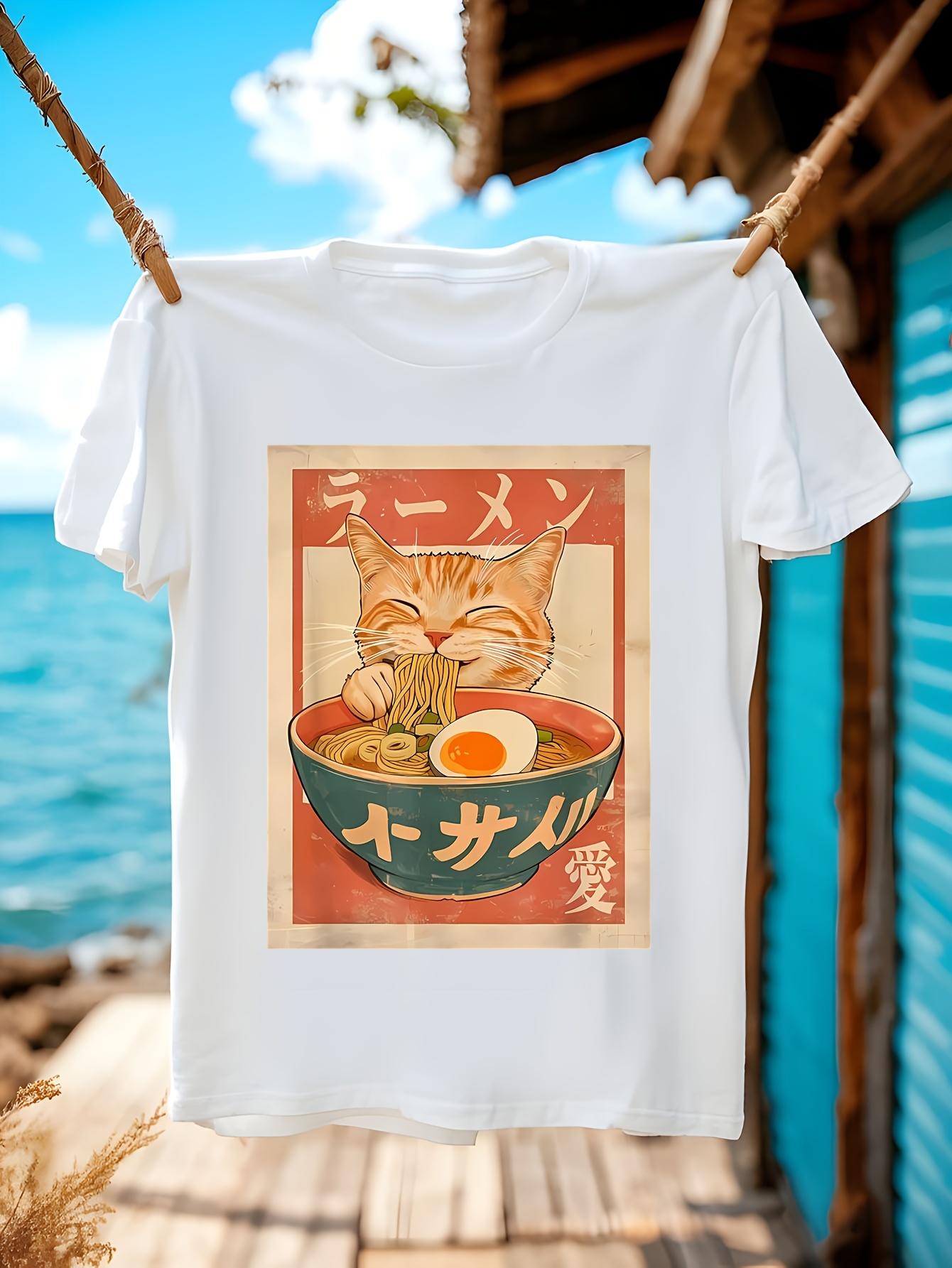 Japanese AnimeInspired Cat Eating Ramen Graphic Tshirt So... XL