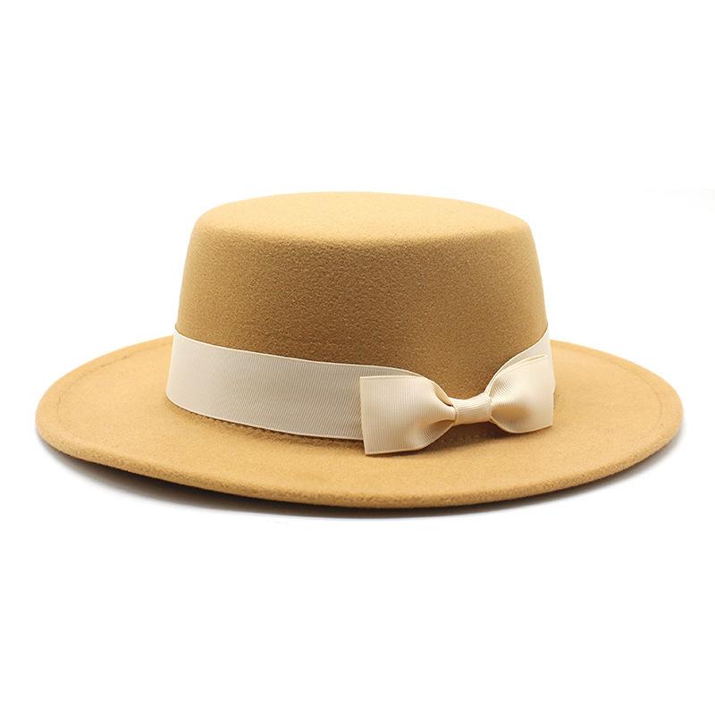 New style autumn and winter men's and women's flat-brimmed hats, fashion bows, flat-topped top hats, men's and women's woolen jazz hats