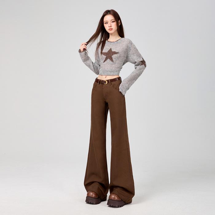 Maillard coffee color does not stick to the legs, slightly pulled jeans, women's American retro low-rise thin flared pants, coffee-colored trousers,