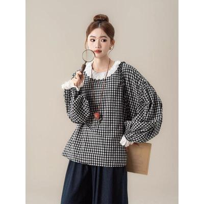 Spring 2026 Artistic Lace Plaid Loose Doll Shirt