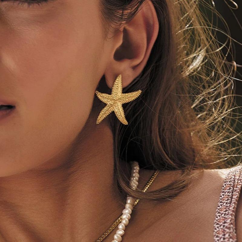 

1 пара позолоченных сережек-гвоздиков из нержавеющей стали в форме морской звезды, антиаллергенные металлические водонепроницаемые ювелирные изделия для женщин, пляжный подарок