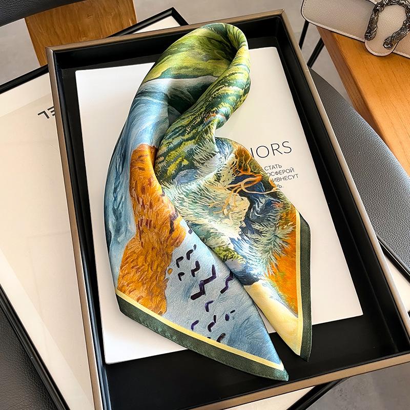 Luxury 100% Real Silk Scarf Women Artistic Print Bandana Shawl Lady Neckerchief Handkerchief Female Neck Bag Decorative Wrap 53c