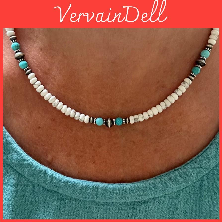 Bohemian Natural Artificial White Turquoise Necklace With Handmade Geometric Pendant For Women And Men