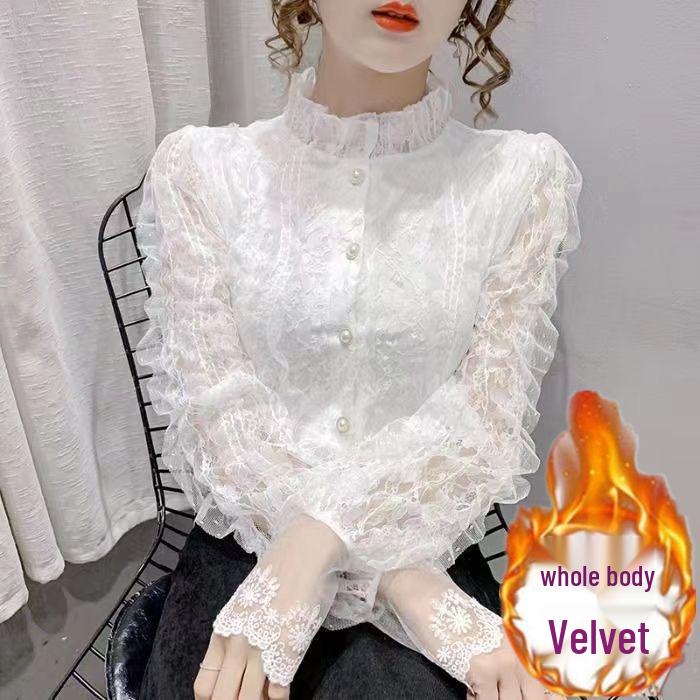 Women's Lace Cardigan: 2025 Spring/Autumn Style, Velvet-Enhanced, French Stand Collar, Long-Sleeve Top