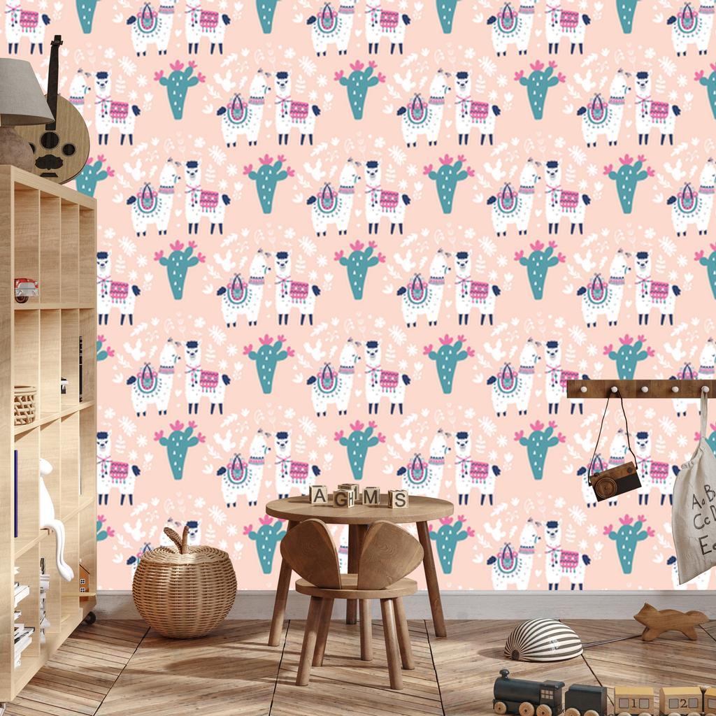 Wallpaper Cheerful Llamas, Cacti and Flowers for Living Room and Bedroom 50x1000