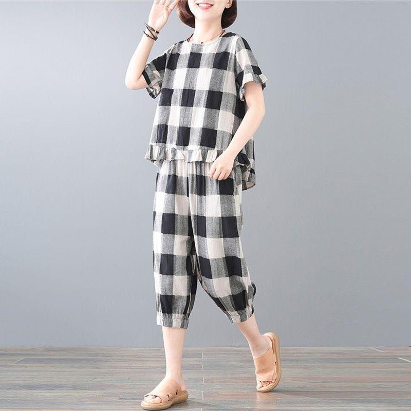 

Fat Mm Large Size Casual Suit for Women Summer Thin Plaid Literary Loose Fashion Two-piece Set 4XL