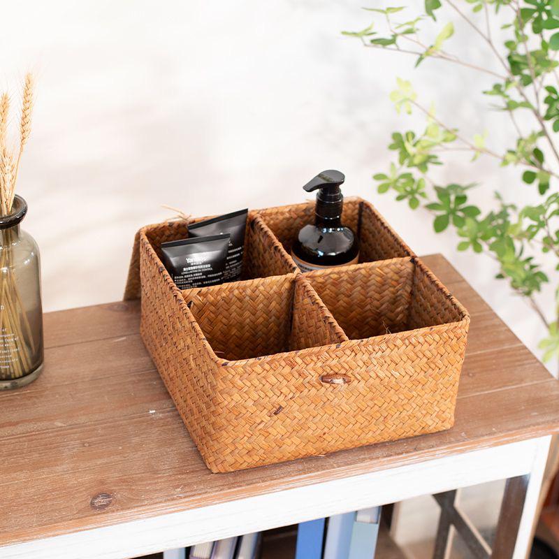 Seagrass Woven Cattail Desktop Storage Box with Lid - 4-Compartment Organizer for Cosmetics, Tea, Coffee Table, or Mooncakes